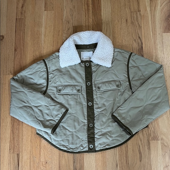 Anthropologie Green Quilted Jacket W/ Removable Sherpa Collar Sz M - Picture 2 of 11